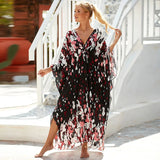 Loose Floral Pleated Kaftan Dresses for Women Wave Neck Swimsuit Cover Up Caftan