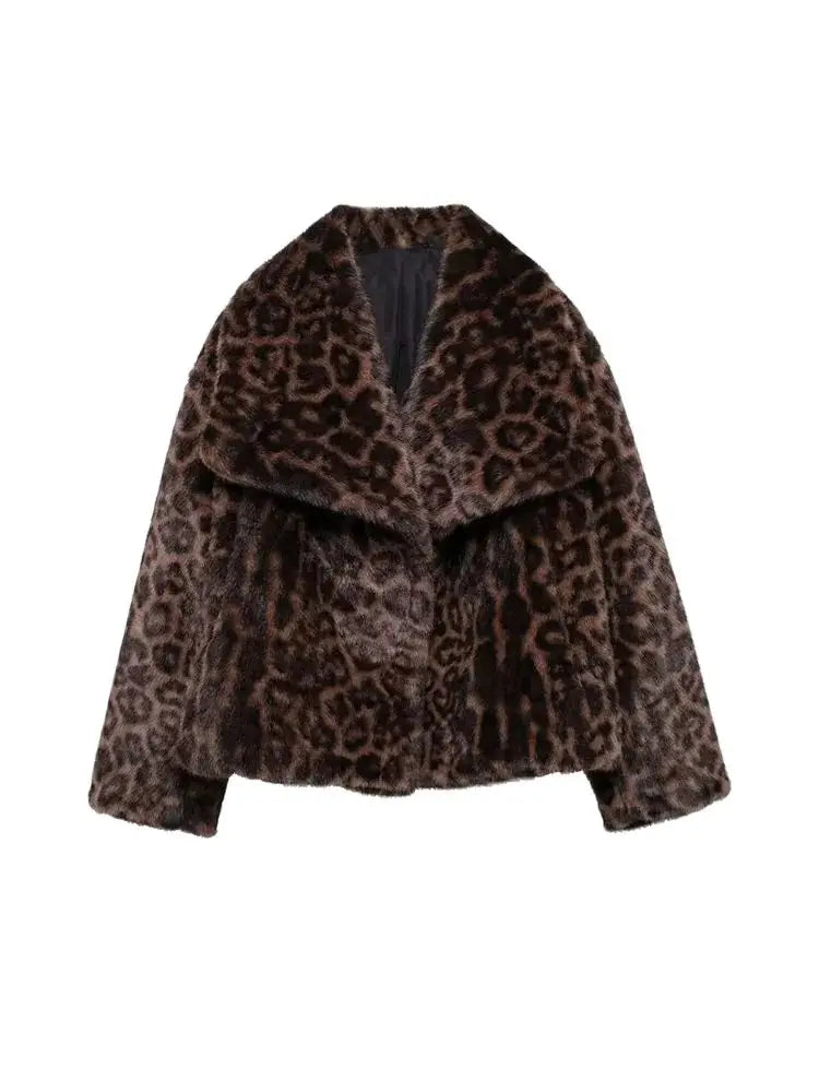 Women's Thick Warm Leopard Faux Fur Jacket, Lapel Collar Coat, Long Sleeve Female Outerwear, Chic Tops, Fashion 4