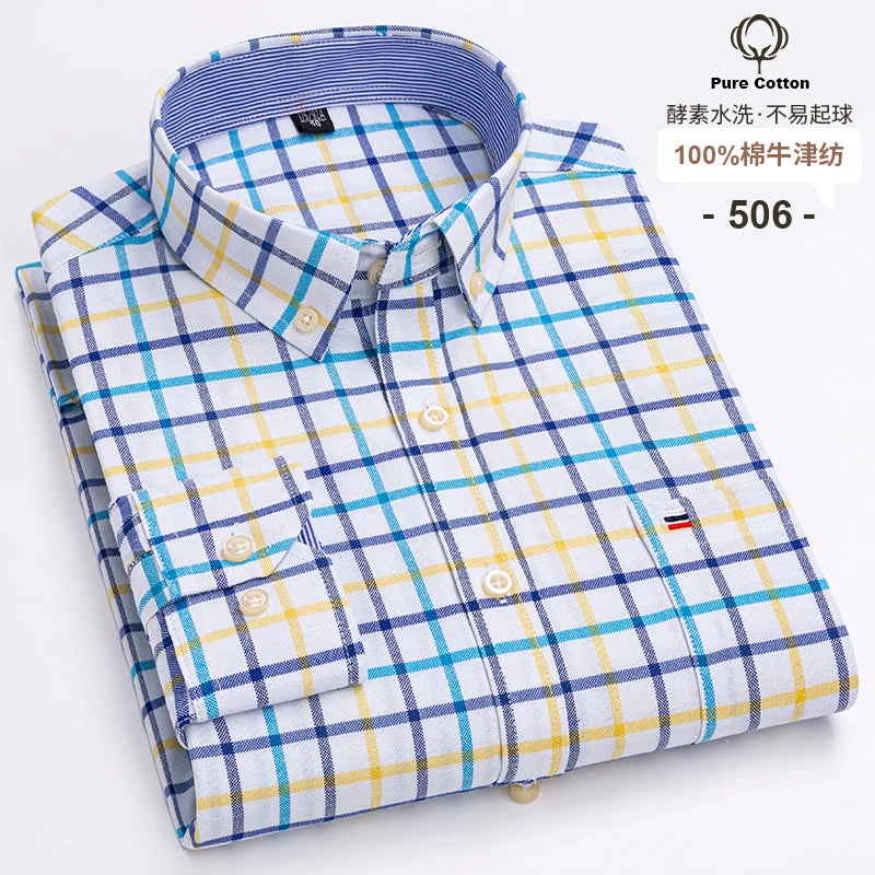 100-Cotton-Oxford-Men-s-Shirts-Long-Sleeves-Plaid-Soft-Regular-Fit-Formal-Dress-Shirt-Pocket