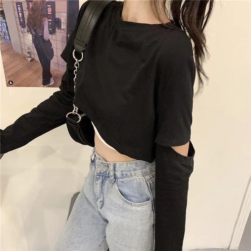 Long Sleeve T-shirts Women Patchwork Loose Crop Tops Hot Girls Casual Simple All-match Spring Ladies Chic Tees Camis Sets 2pecs 6
