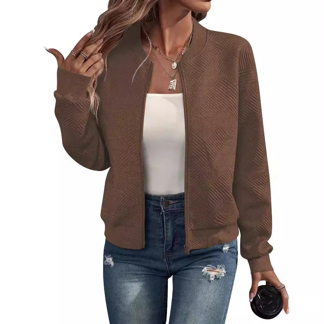 Women's autumn and winter new solid color simple and exquisite zipper jacket baseball collar casual jacket 5