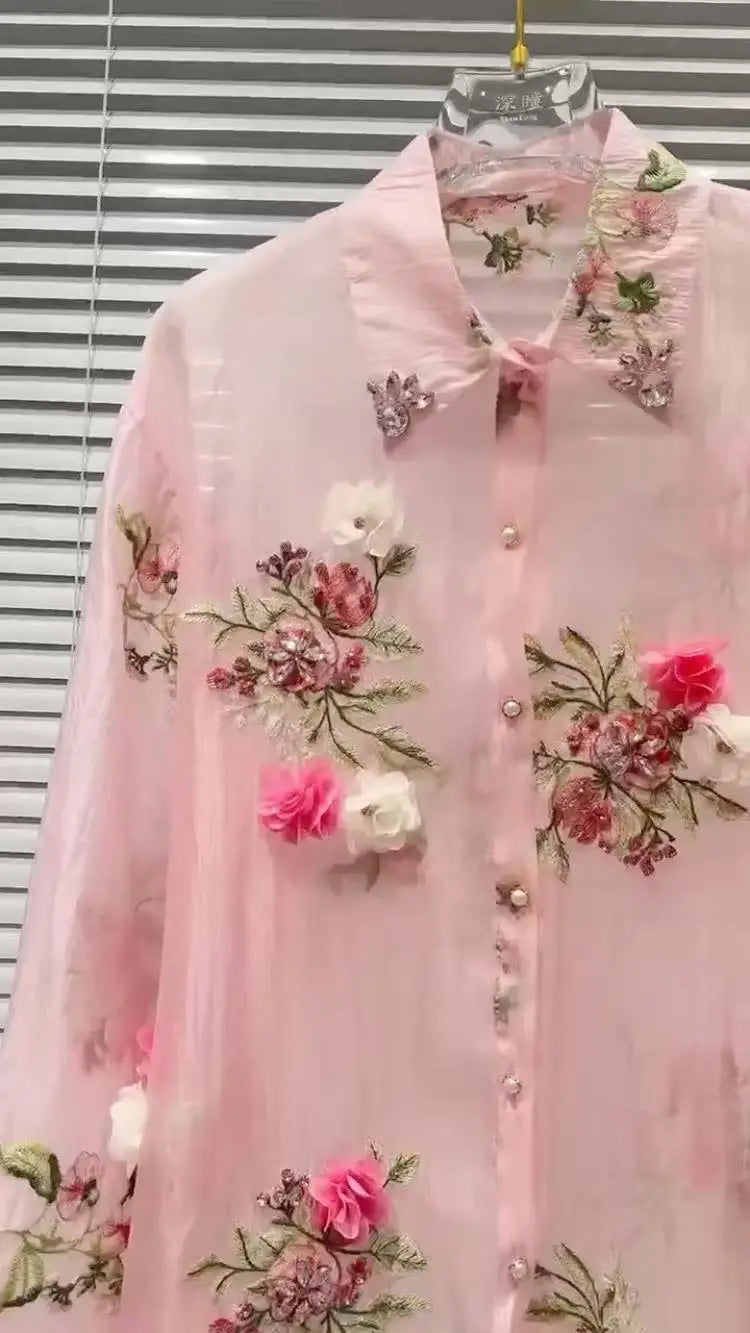 New In 2025 Summer Diamonds Flowers Embroidery Shirts Blouses For Women Long Sleeve Thin Sunscreen  Loose Casual Top Cardigan 6