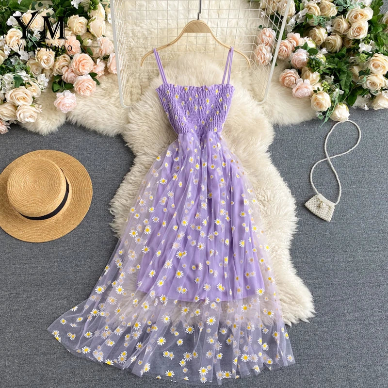 YKorean Fashion Daisy Flower Print Mesh Party Dress Summer Two Layers Spaghetti Strap Vacation Midi Dress 3