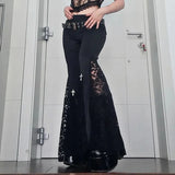 Y2K Gothic Black Velvet Lace Mesh Flare Pants Sexy Harajuku Aesthetic See Through Emo Pants Vintage Women Summer Pant Streetwear 5