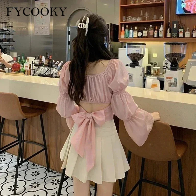Back Puff Sleeve Shirts Women Autumn French Bow Bandage Blouses 2025 New Black Pink Square Neck Cropped Tops Female 3