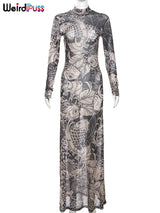 Mesh Print Women Maxi Dress Turtleneck Full Sleeve Bodycon Autumn Trendy Hipsters High Street Party Y2K Attirewear 6