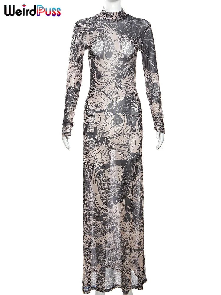 Mesh Print Women Maxi Dress Turtleneck Full Sleeve Bodycon Autumn Trendy Hipsters High Street Party Y2K Attirewear 6