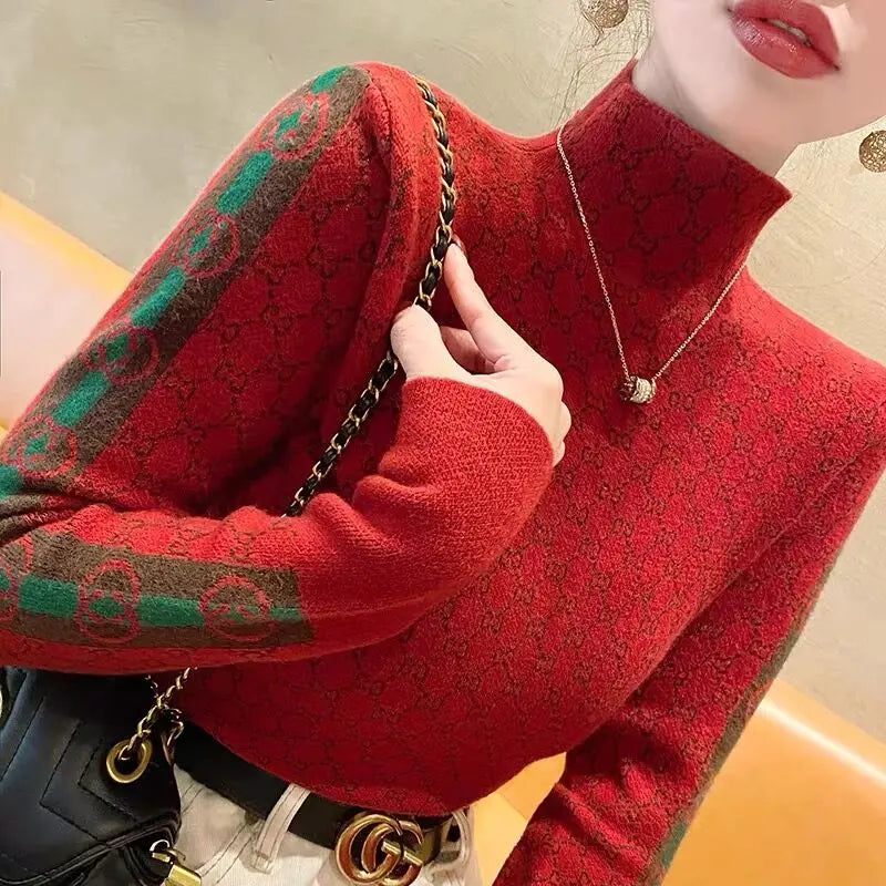 Elegant Fashion Letter Knit Pullover Autumn All-match Slim Long Sleeve Half High Collar Pullovers Lady Chic Top 2