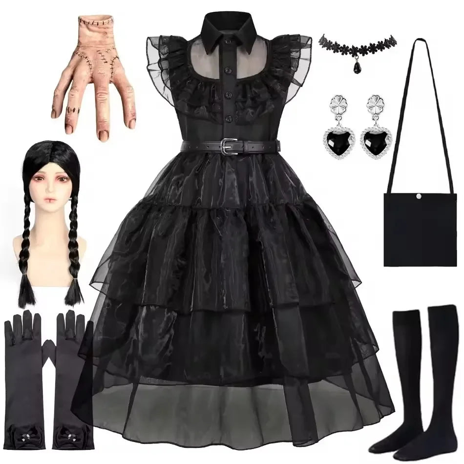 Gothic Black Dress Halloween Costume for Girls 2025 Party Ball Gown Children Cosplay Adams Family Vestido 6