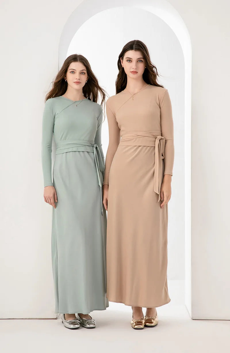 woman clothing high Stretch ribbing closed-fit wrap tops + Matte Satin dress Maxi matching sets
