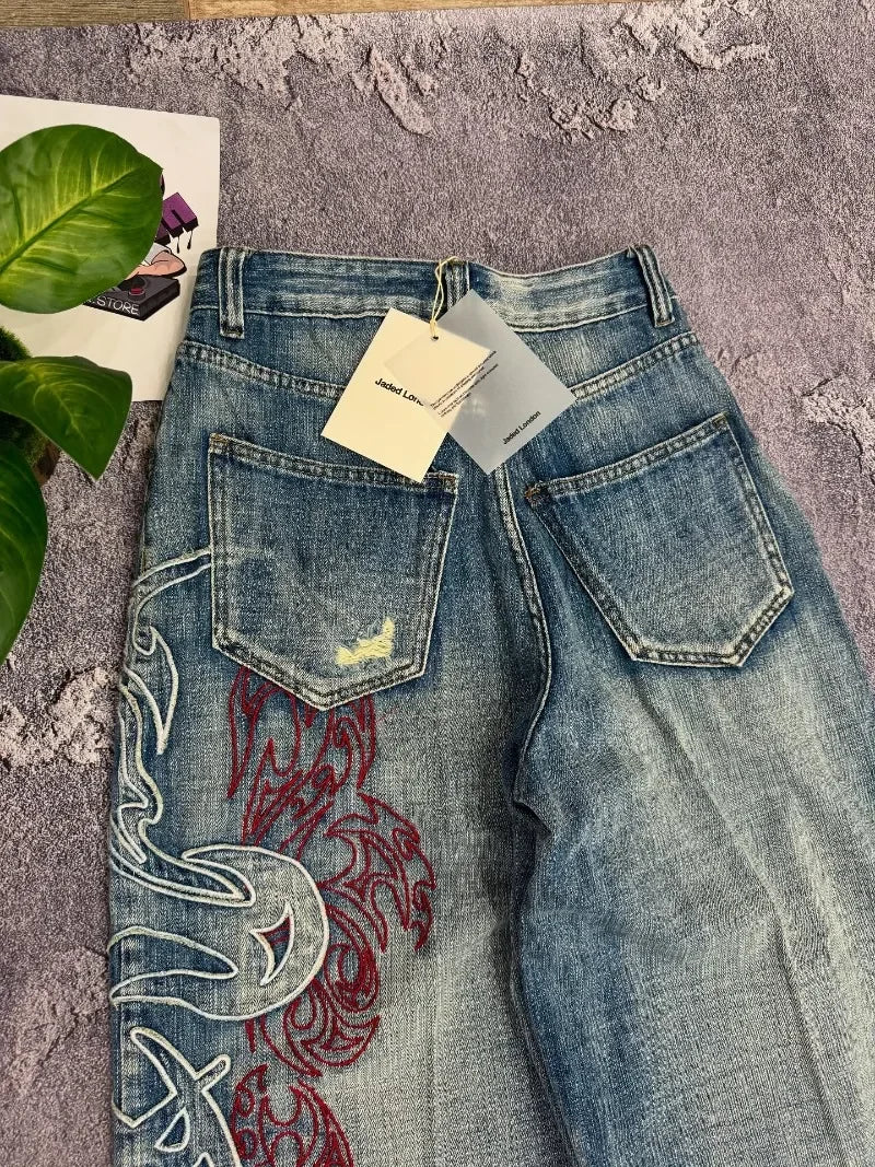 Y2K American New Pattern Embroidery Baggy Jeans Men High Street Vintage Hip Hop Fashion Casual Joker Couple Wide-leg Pants 4