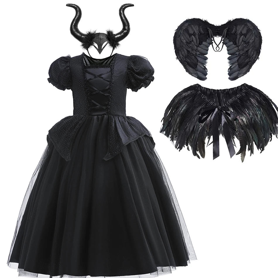 Girls' Dark Forest Queen Cosplay Dress with Wings