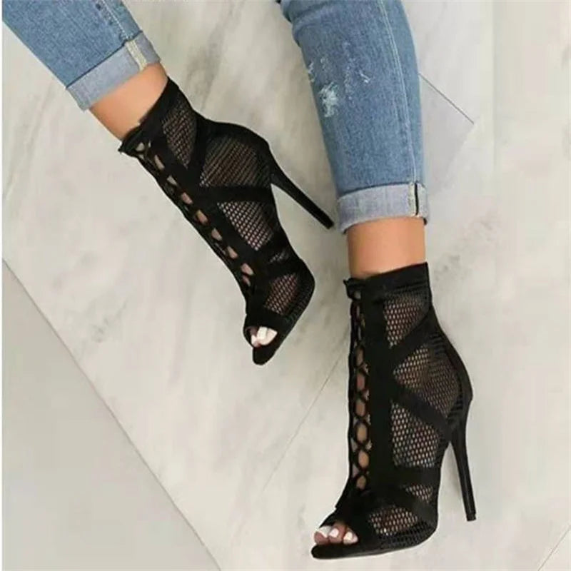 Fashion Show Black Net Peep Toe Heels Sandals for Women - Sexy Lace-Up Pumps 5