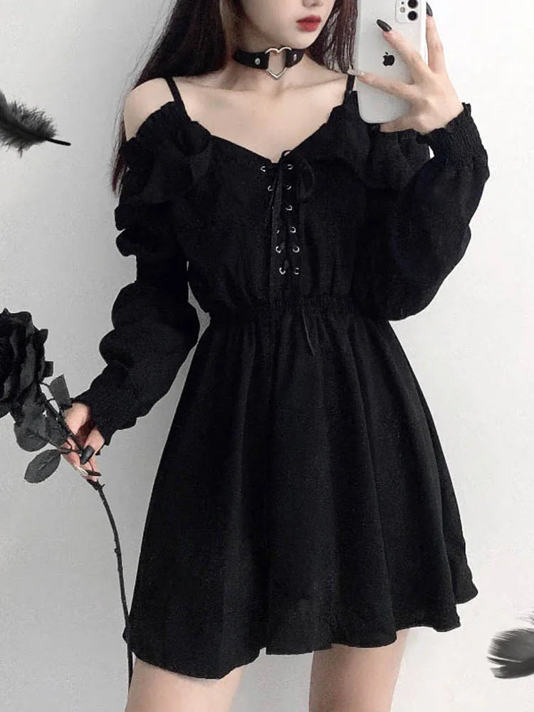 JMPRS Large Size Gothic Women Black Mini Dress Sexy Off Shoulder High Waist Tunic Ladies Party Dress Long Sleeve V Neck Vestidos 1