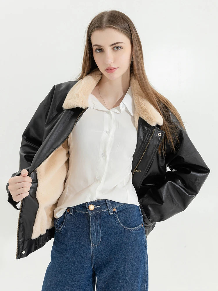 Winter Women's Fur Leather Jacket Long Sleeved Loose Warm Lamb Wool Vintage Thickened Locomotive Lapel Female PU Motorcycle Coat 5