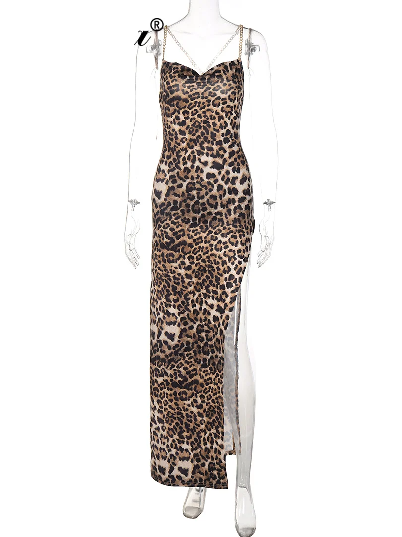 Leopard Print Chain Strap Side Slit Dress