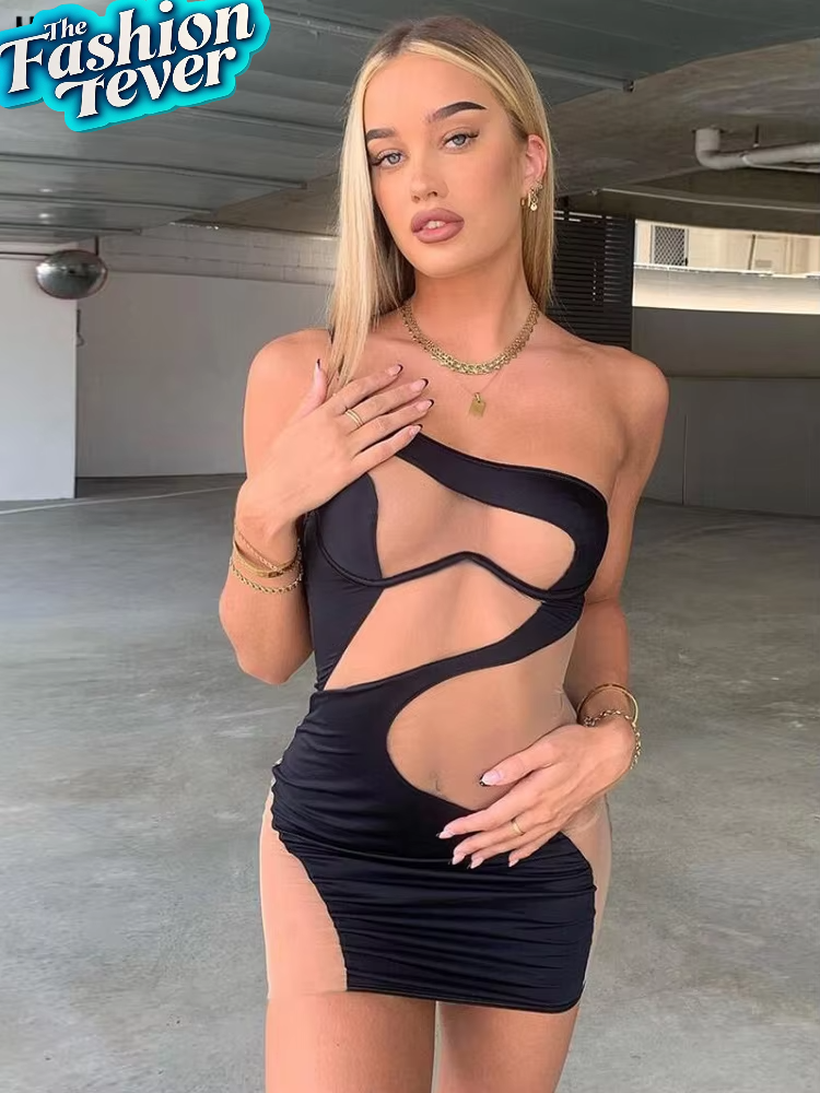 2022 Mesh Patchwork Sexy Dress Women Sleeveless One Shoulder Skinny Summer Vacation Birthday Party Clubwear Bodycon