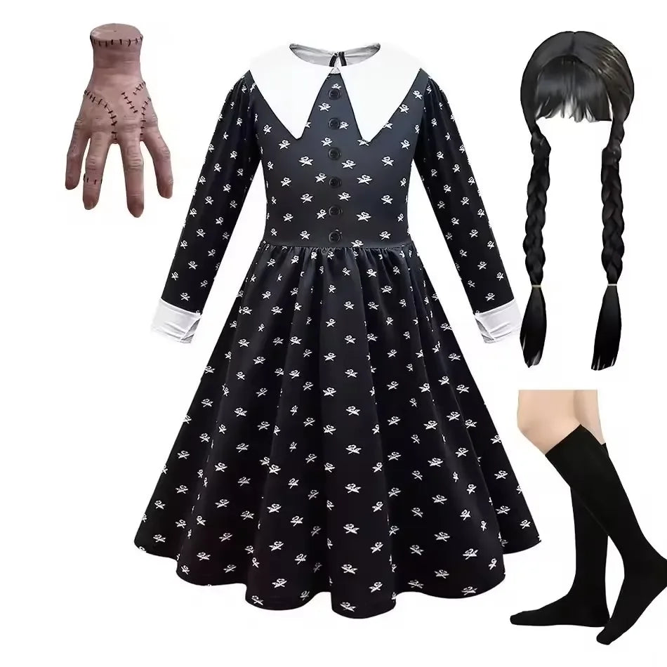 Gothic Black Dress Halloween Costume for Girls 2025 Party Ball Gown Children Cosplay Adams Family Vestido 4