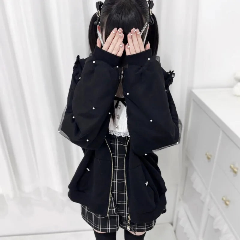 Bunny Hoodie Hoodies Y2K Rabbit Ear Hoodie Lolita Jacket Bow Girls Pearl JK Japan Lace Kawaii Zipper Cardigan Long Sleeved Top 6