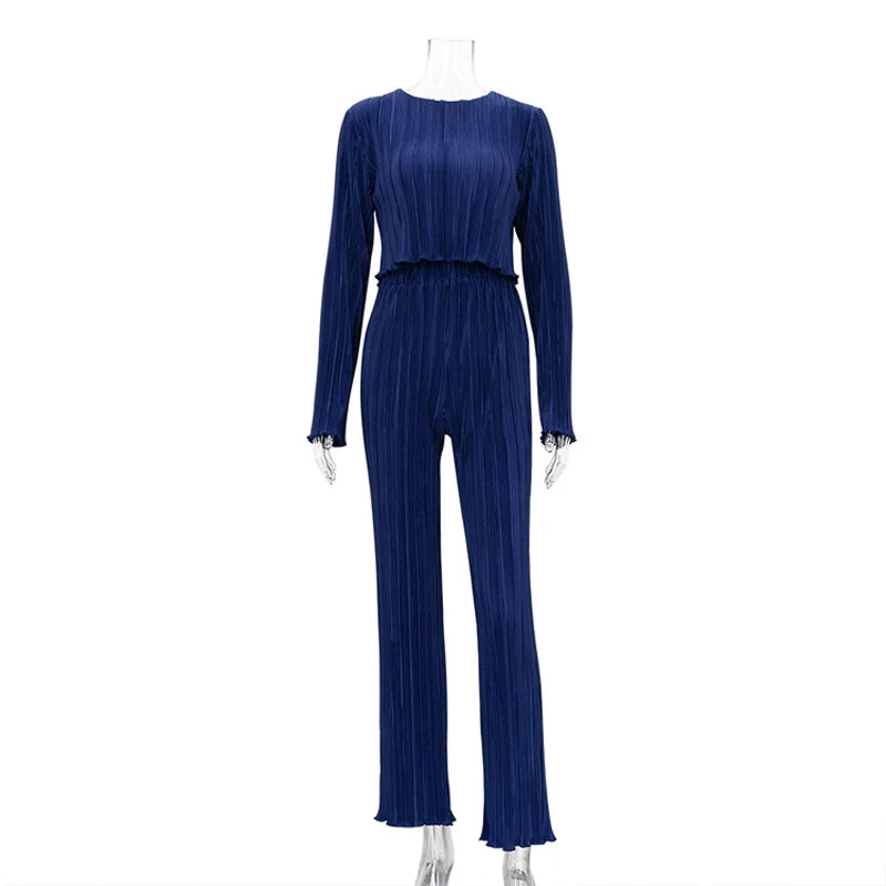 Home Suit Women Long Sleeve T Shirts Two Piece Sets Bodycon Blue Pleated Pants Set Streetwear Elegant Wide Trouser Suits 2023 7