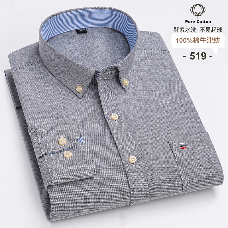 100-Cotton-Oxford-Men-s-Shirts-Long-Sleeves-Plaid-Soft-Regular-Fit-Formal-Dress-Shirt-Pocket