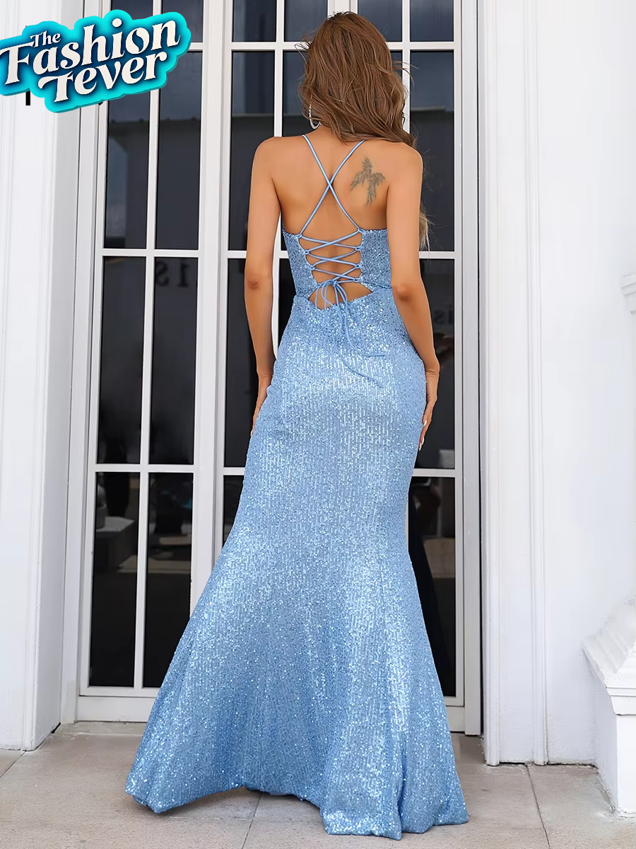 Elegant Blue Sequin Wedding Party Dress | Women's Spaghetti Strap V-Neck Gown 2