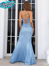 Elegant Blue Sequin Wedding Party Dress | Women's Spaghetti Strap V-Neck Gown 2