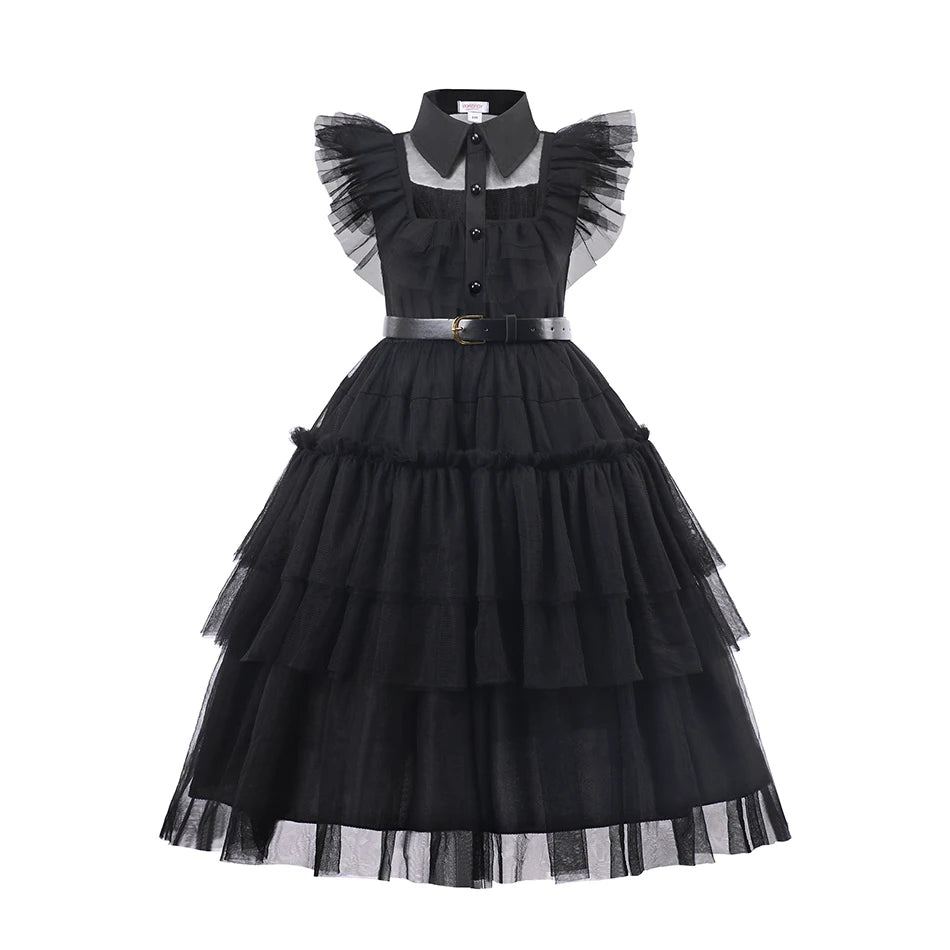 Black Mesh Fluffy Dress for Kids Girls Gothic Style Wednesdy Costume Halloween Dress Up Party Children Outfits Disguise Printing 5