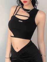 Women Hollow Out Black Y2K Tees Sleeveless Skinny Tops Cool Punk T-shirts Techwear 2023 Spring Summer New Sexy Crop Top 3