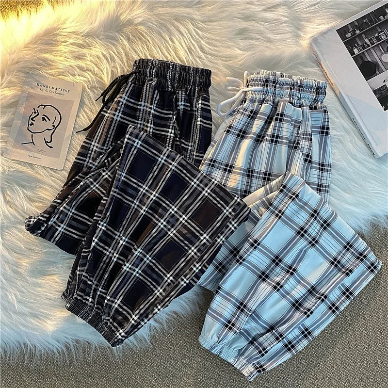 Pants Women New Bunch of feet Fashion Loose Black Plaid Summer Harajuku Students Streetwear Harem Long Trousers Womens Chic 1