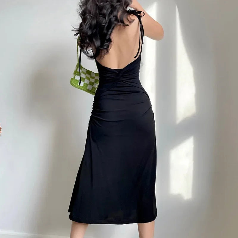 Fashion Strappy Ruched Sexy Black Dress Irregular Elegant Backless Long Dress Party Summer Dresses Women Clothes Vintage Dress 3