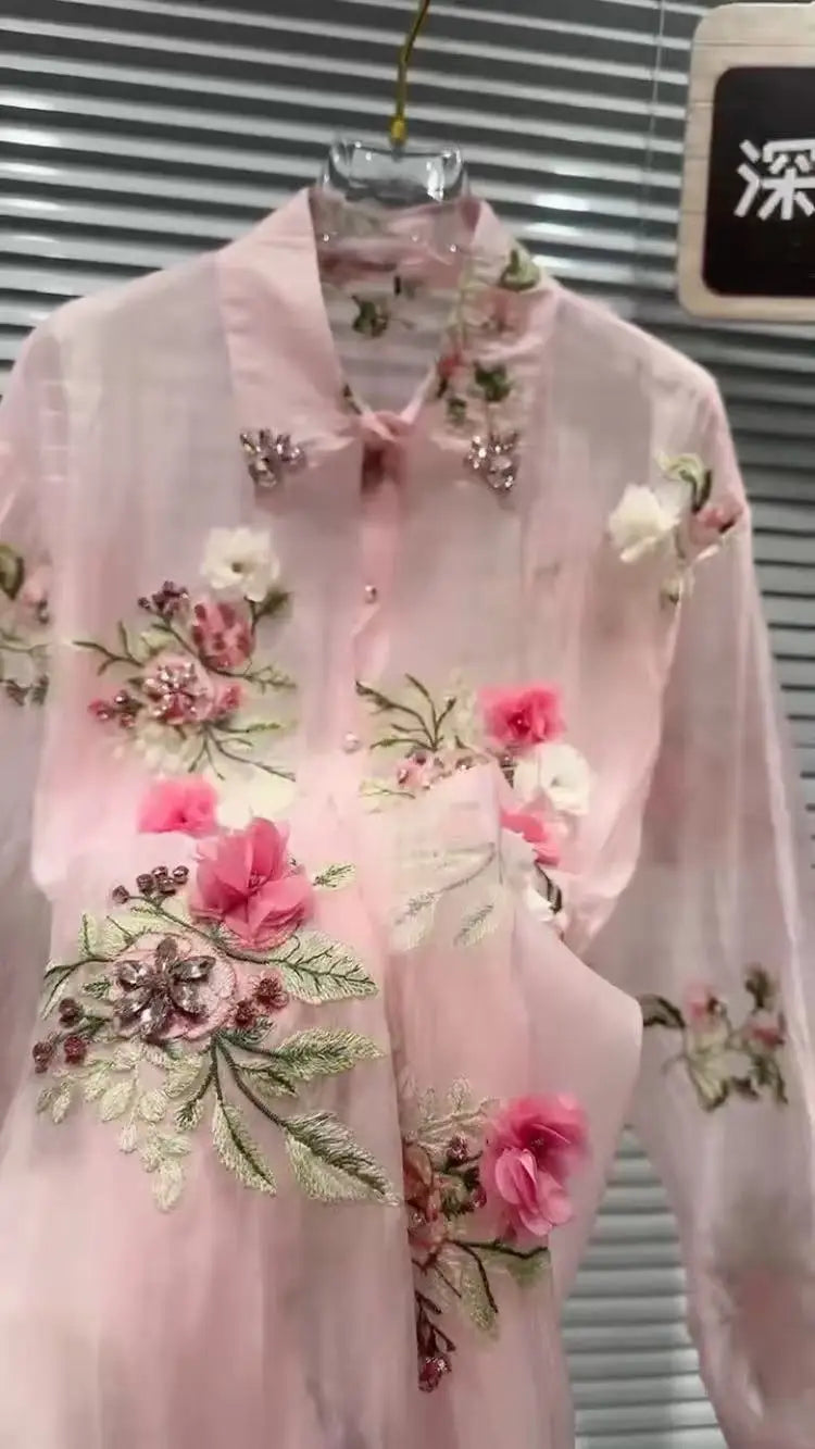 New In 2025 Summer Diamonds Flowers Embroidery Shirts Blouses For Women Long Sleeve Thin Sunscreen  Loose Casual Top Cardigan 2