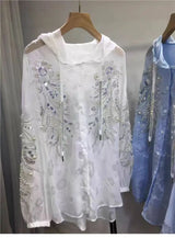 New In Sparkle Pearls Diamonds Embroidery Hooded Shirts Blouses For Women's Long Sleeve  Loose Casual Sunscreen Tops Blusas 6