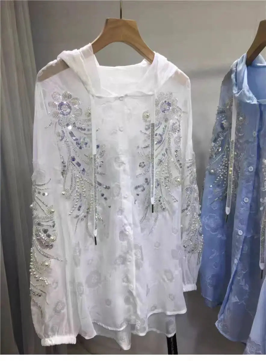 New In Sparkle Pearls Diamonds Embroidery Hooded Shirts Blouses For Women's Long Sleeve  Loose Casual Sunscreen Tops Blusas 6