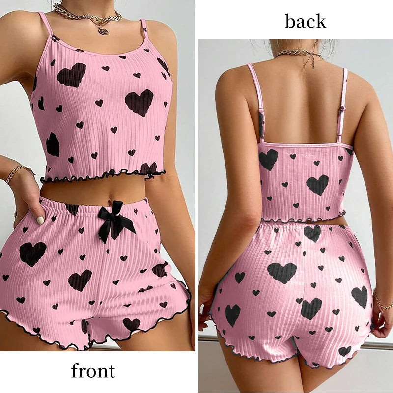 Love Printing Pajamas Set Sleepwear 2 PCS Short Tank Tops And Shorts 5
