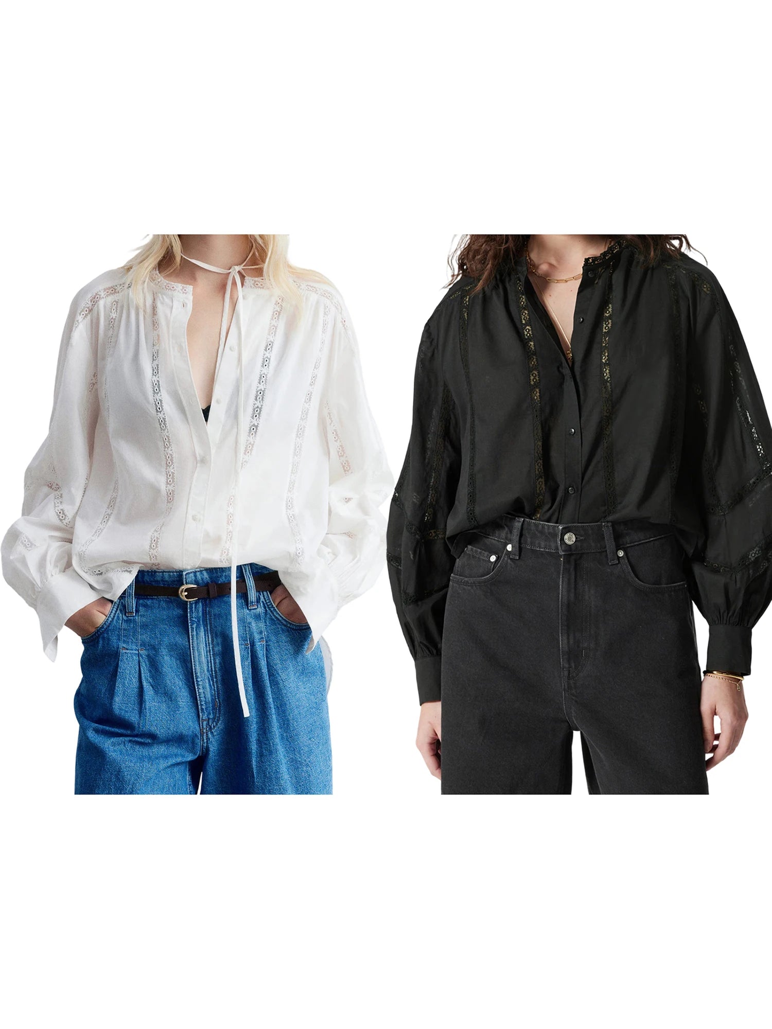 Women s Casual V-Neck Long Sleeve Button Down Shirt with Lace Detailing and Balloon Sleeves - Stylish Fall Blouse 2