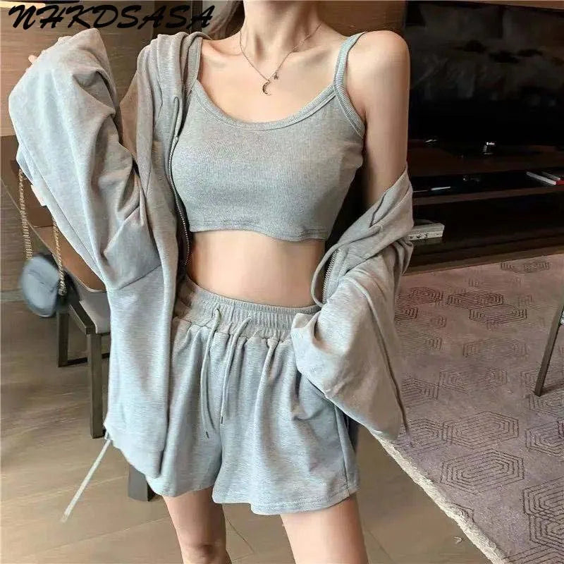 NHKDSASA Loungewear Women 3 Pieces Summer Sleepwear Ensembles De Pyjama Nightgown Suits with Shorts Home Wear 2022 1