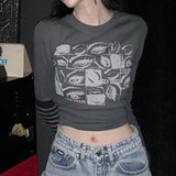 Women retro Eyes Print Tops Fairy Grunge Graphic Spring T Shirts Vintage Indie Aesthetic Clothes Cyber Y2k Slim Long Sleeve Top 6