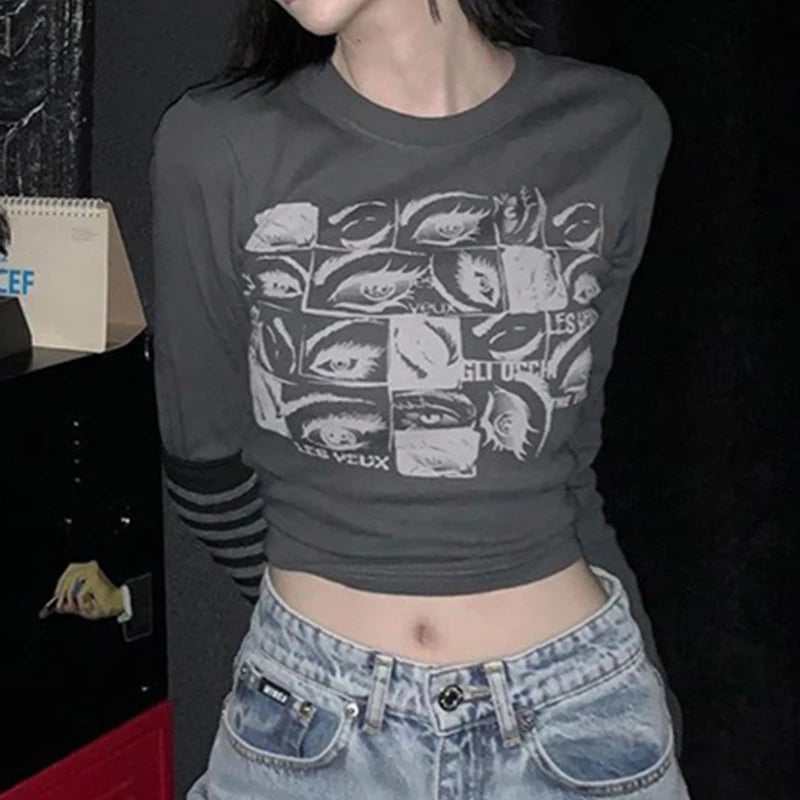 Women retro Eyes Print Tops Fairy Grunge Graphic Spring T Shirts Vintage Indie Aesthetic Clothes Cyber Y2k Slim Long Sleeve Top 6