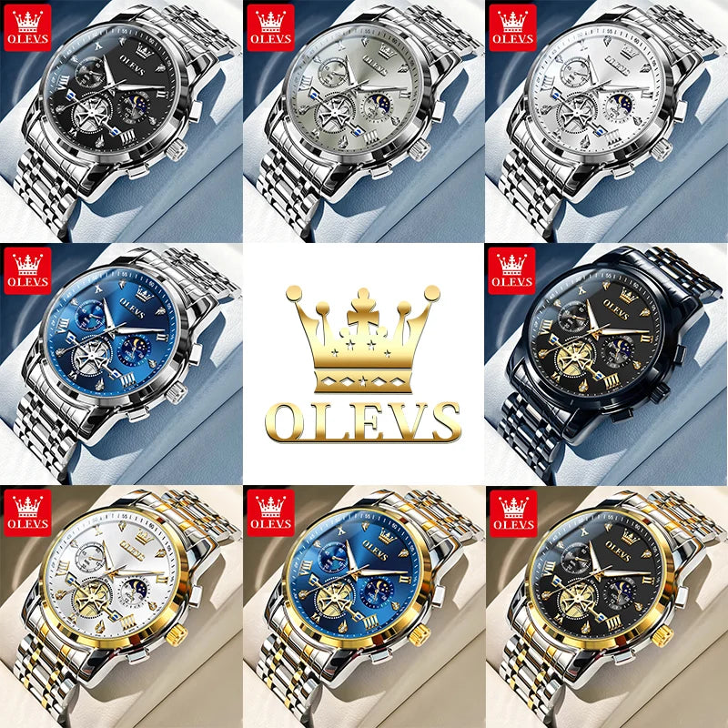 Men's Watches Classic Multifunctional Fltwheel Chronograph Original Quartz Wristwatch Moon Phase 24 Hour Waterproof 6