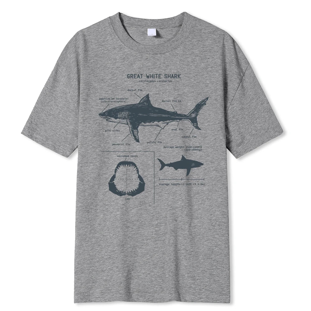 Great White Shark Anatomy T-Shirt New Summer Men Street Short Sleeve Hip Hop Punk Style Boy Casual Tops Fashion White Tees