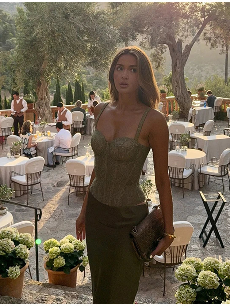 Elegant Women Summer Party Dresses Sets 2 Pieces Lace High Waist Lace Up Spaghetti Strap Top Satin Zipper Party Skirt Outfits 6