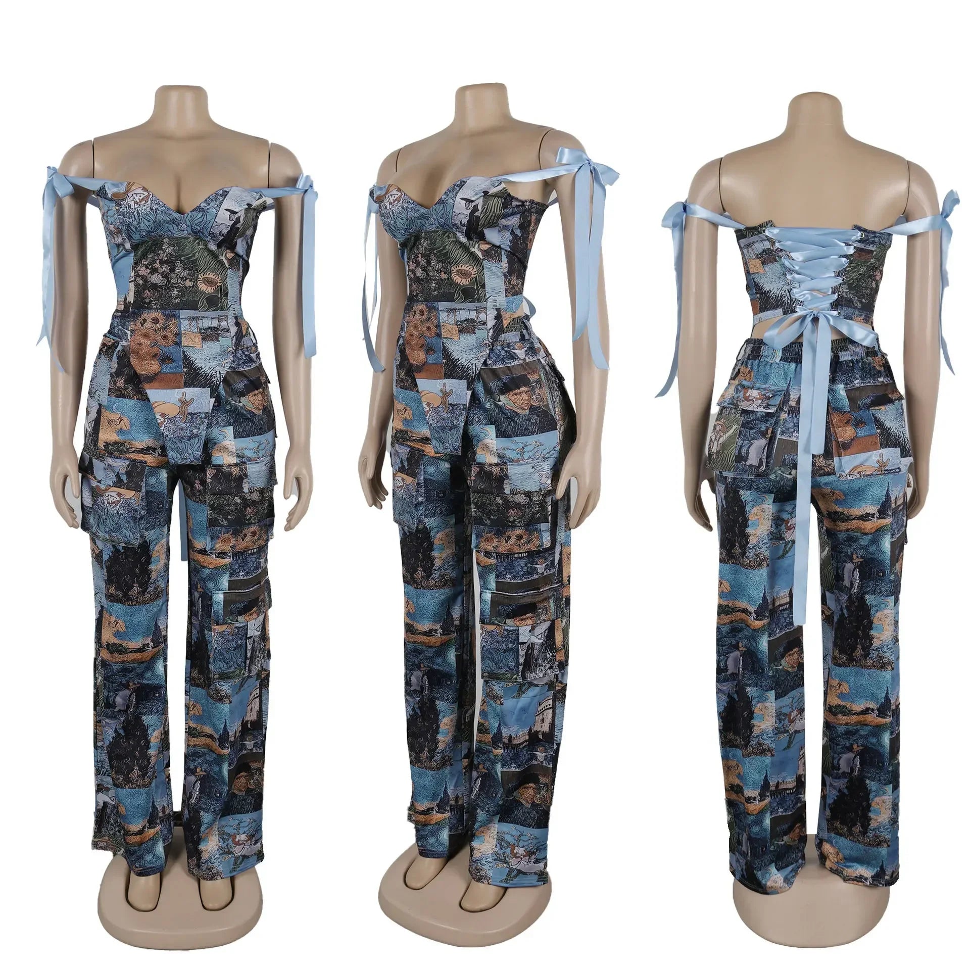 Women's Oil Painting Print 2-Piece Set | Crop Top & Pants | Lace-Up Detail | Fall/Winter Outfit 2