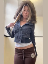 Women's Autumn Winter Vintage Detachable Fur Collar Denim Pocket Jacket Slim Fit Y2K Blazer Street Chic Outerwear Warm Coat 2025 3