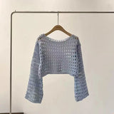 Fishnet Crochet Top Long Sleeve Crop Pullover Women Summer Cover Up Open-knit Blouse Y2K Grunge Outfit 5