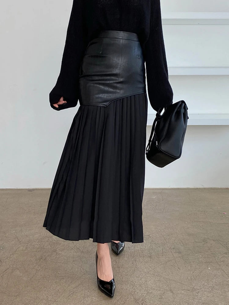 TWOTWINSTYLE Casual Patchwork Pu Skirt For Women High Waist Midi Folds Pleated Skirts Female 2022 Spring Fashion Clothing Style 5