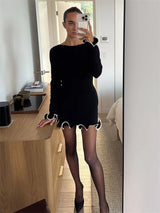Autumn New Knitted Mini Dress For Women Fungus Contrast Color Slim Sweater Dress Elegant Female Party Clothes Long Sleeve 3