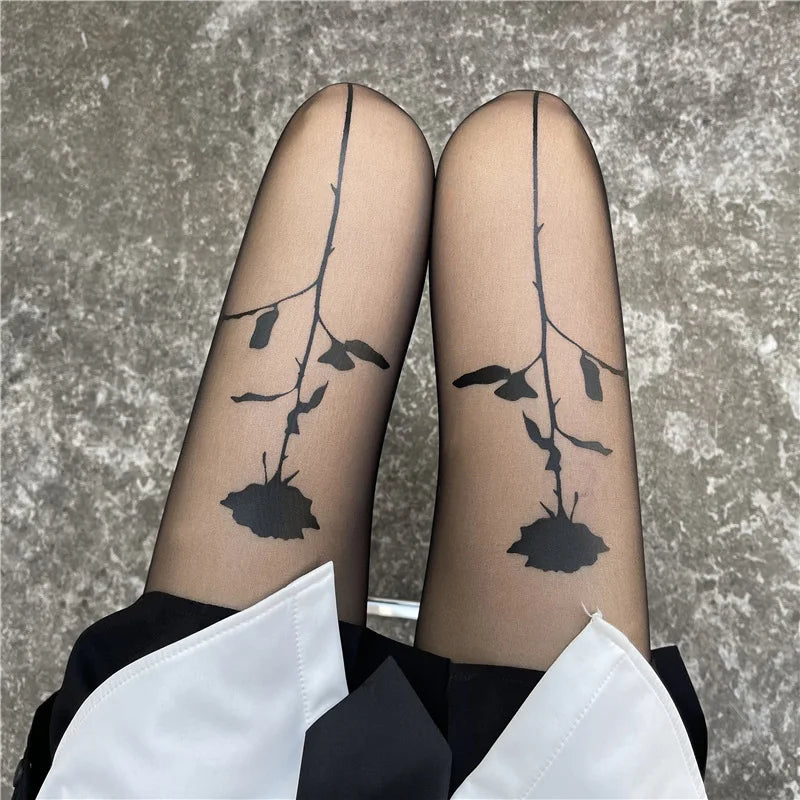 Sexy Women Pantyhose Tights Seamless Ultra-thin Velvet Silk Pantyhose Black Rose Print Tight Stocking Female Hosiery Meias Mujer 2
