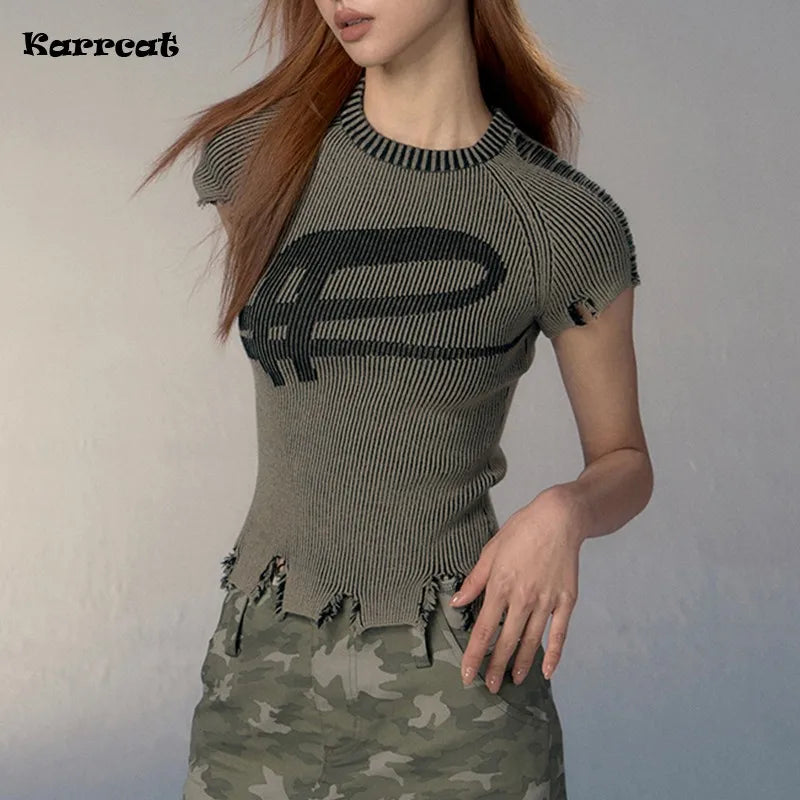 Karrcat Grunge Aesthetics Knitted Top Vintage Distressed T-shirt Punk Broken Crop Top Harajuku Slim Ribbed Tshirt Y2k Streetwear 1