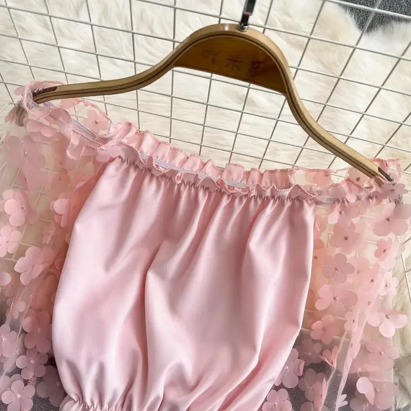 Flower Three-dimensional Decoration Slash Neck Long Sleeve Women's Blouse Shirt Korean Fashion Female Clothing Tops 2025 Summer 3